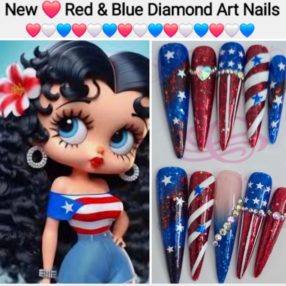 Red & Blue Diamond Nails Art Wraps W/Star Pattern Handmade Teardrop Nails